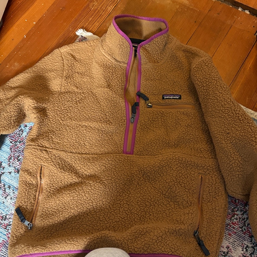 Patagonia Kids Brown Sherpa Pullover with Purple Trim
